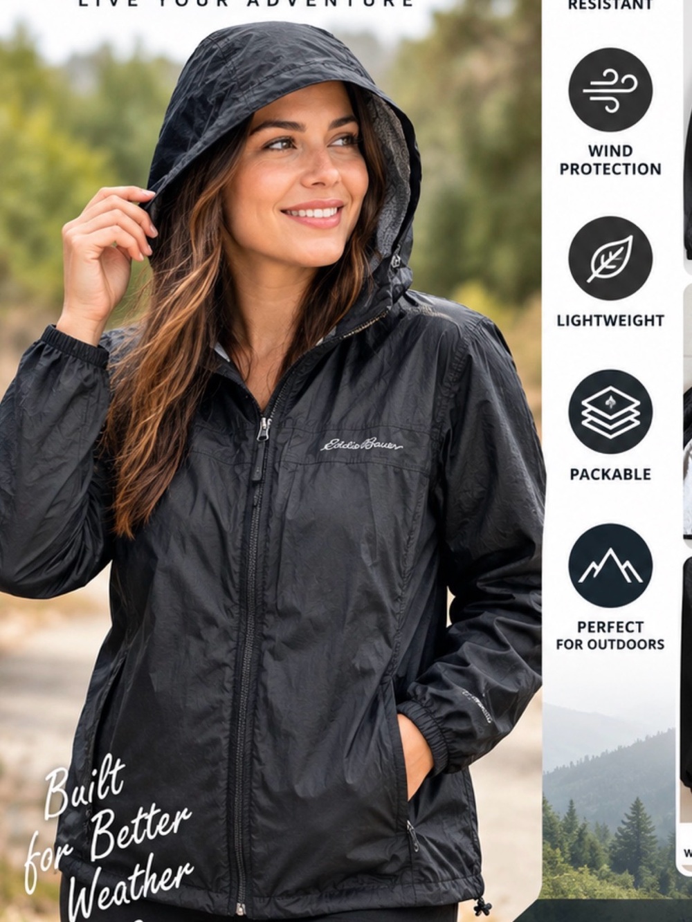 Eddie Bauer Black Packable Hooded Windbreaker Jacket